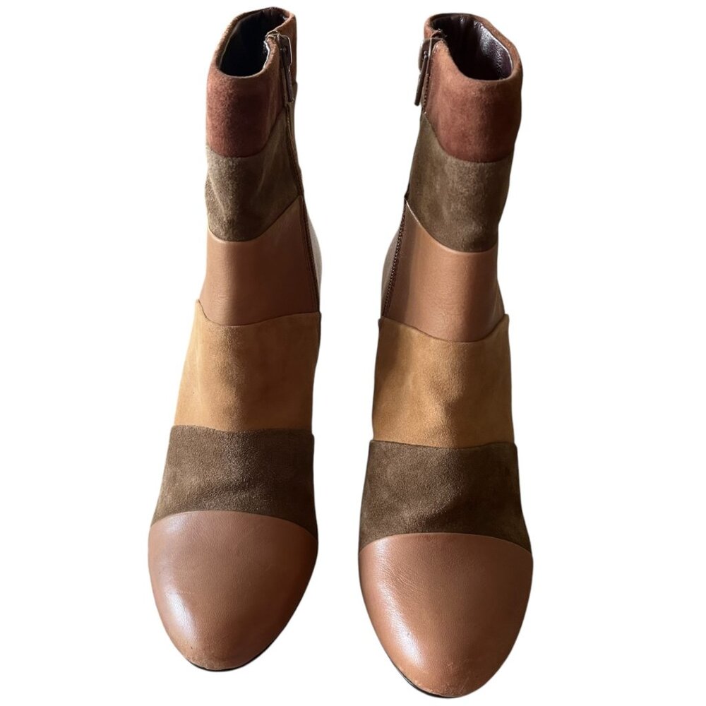 Poetic Licence Women's‎ 7.5 Tan Leather Booties Patchwork Places Heeled London - Picture 2 of 12